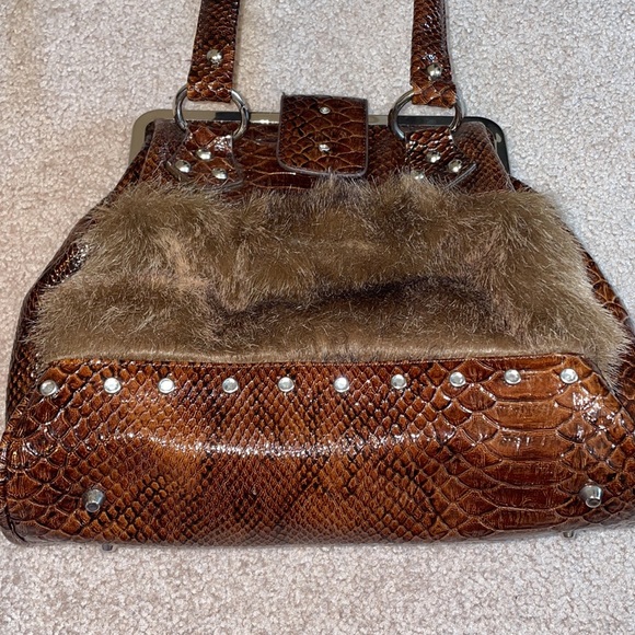 Brown Faux Fur + Faux Crocodile Skin Handbag Purse with Rhinestone Studs - Picture 7 of 7